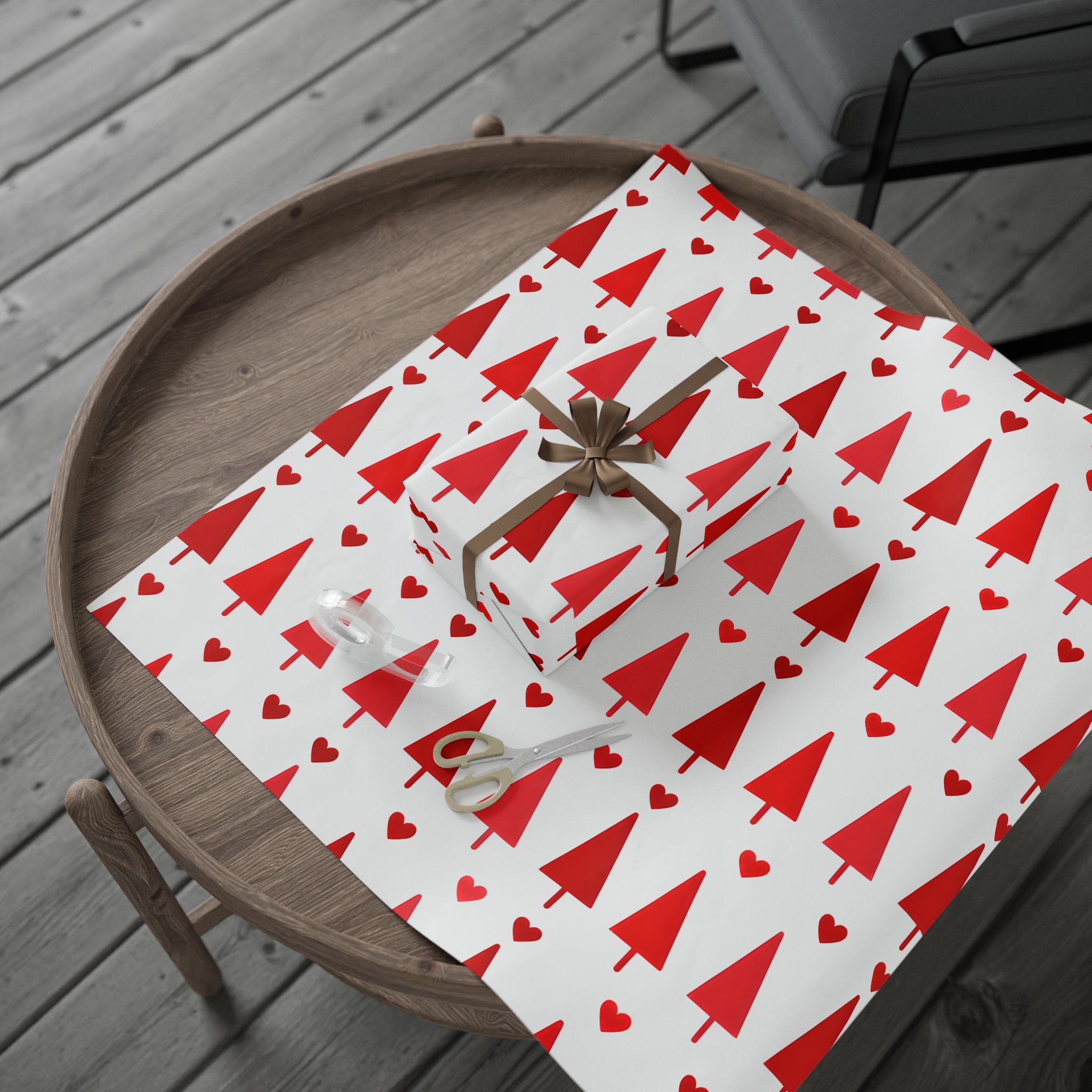 Red Hearts & Trees Wrapping Paper – Festive Holiday Gift Wrap with Playful Design