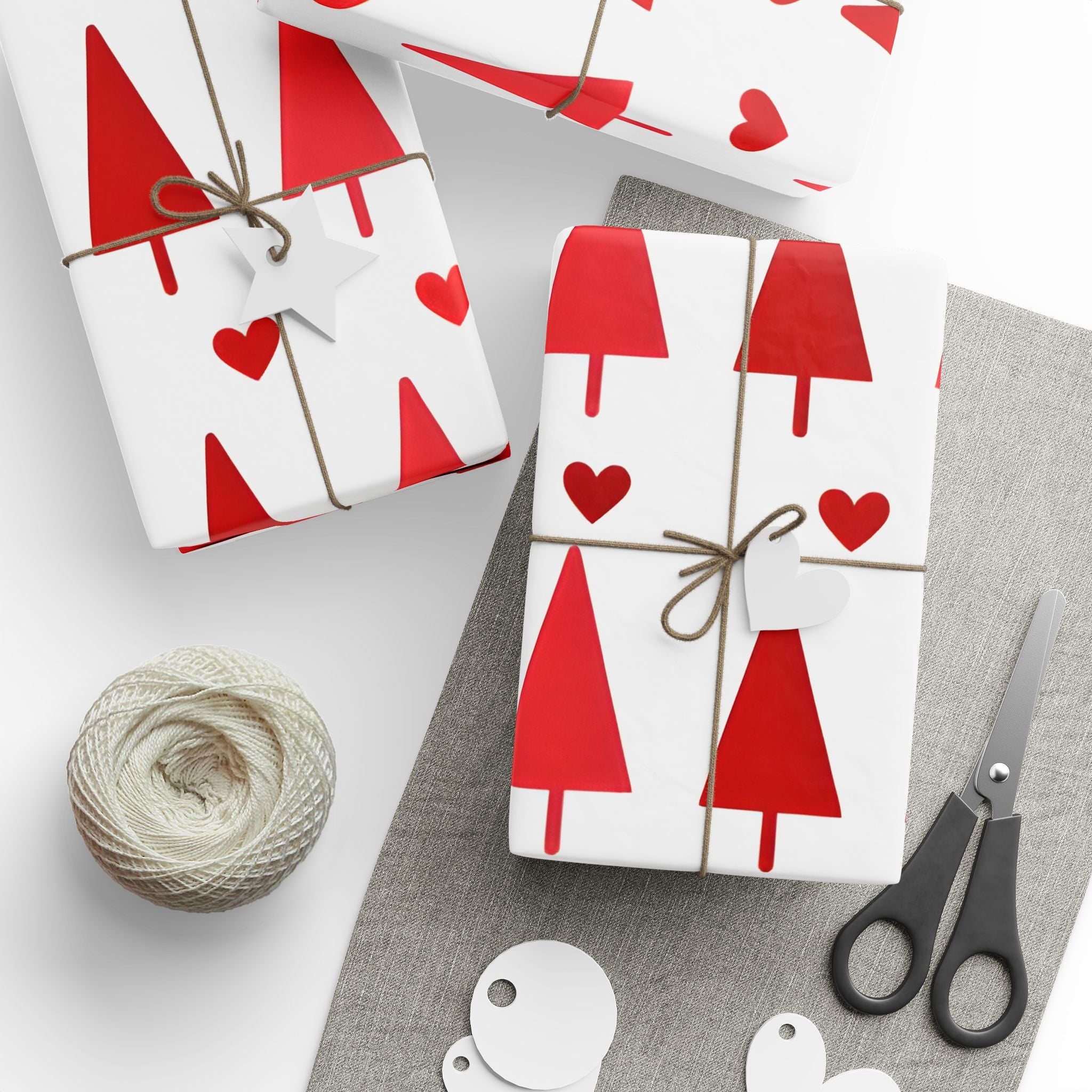 Red Hearts & Trees Wrapping Paper – Festive Holiday Gift Wrap with Playful Design