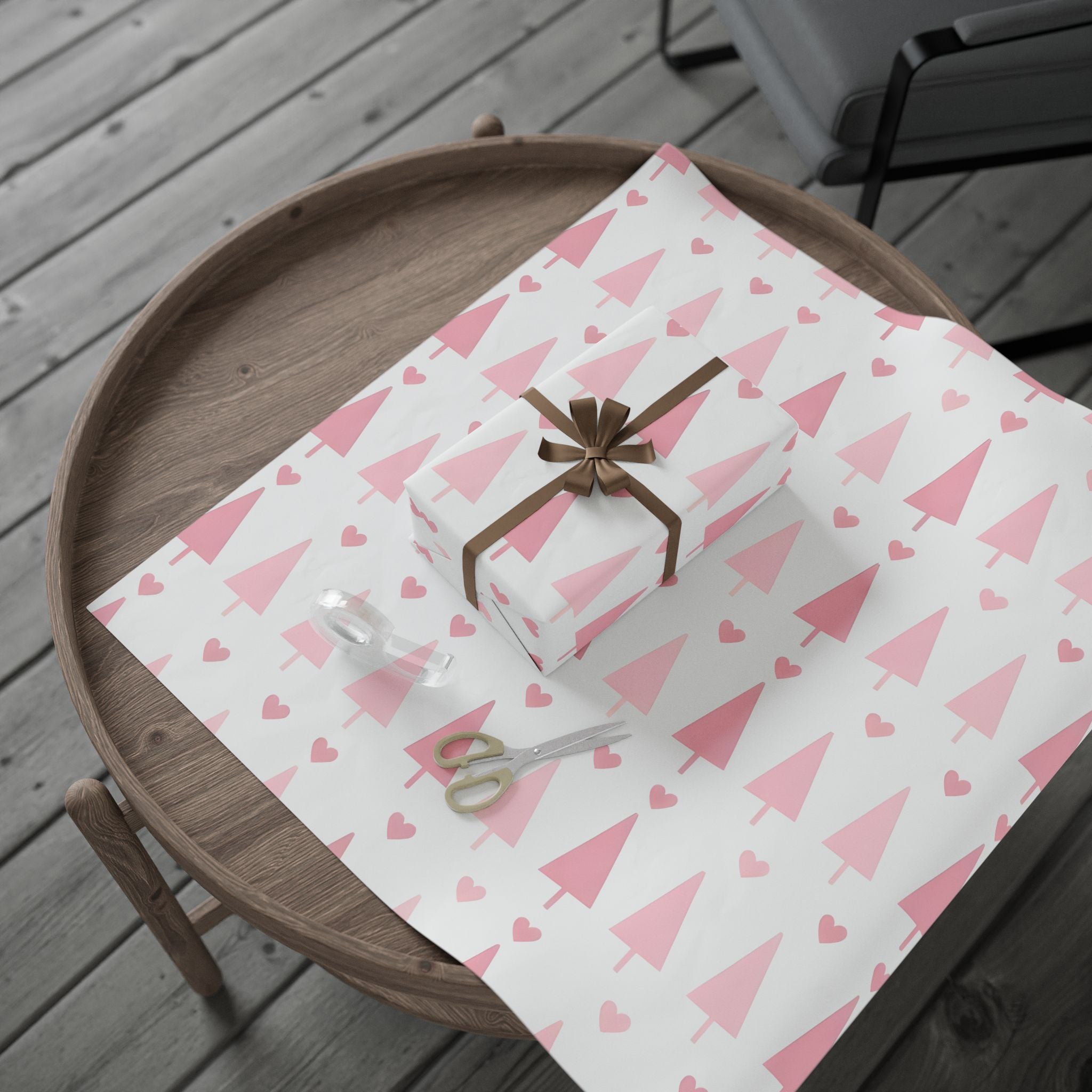 Pink Hearts & Trees Wrapping Paper – Cute Holiday Gift Wrap for a Girly Christmas