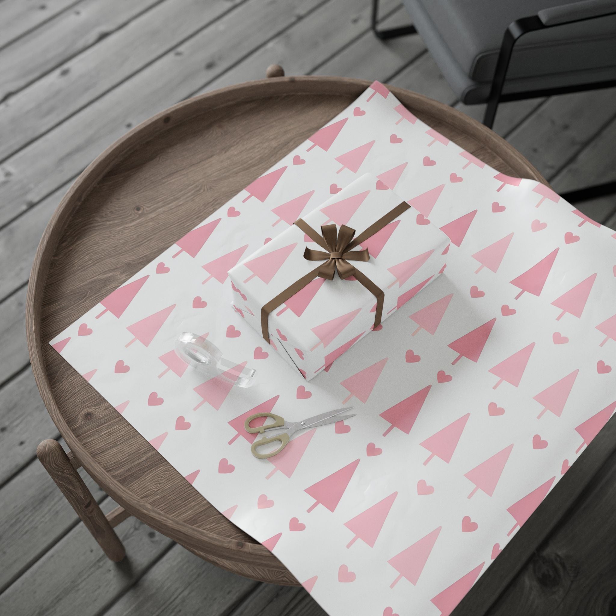 Pink Hearts & Trees Wrapping Paper – Cute Holiday Gift Wrap for a Girly Christmas